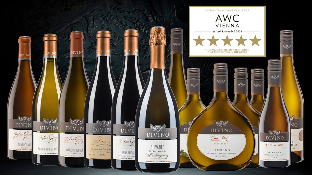 Produktbild mit DIVINO-Weinsortiment und AWC-Auszeichnung 5 Sterne.